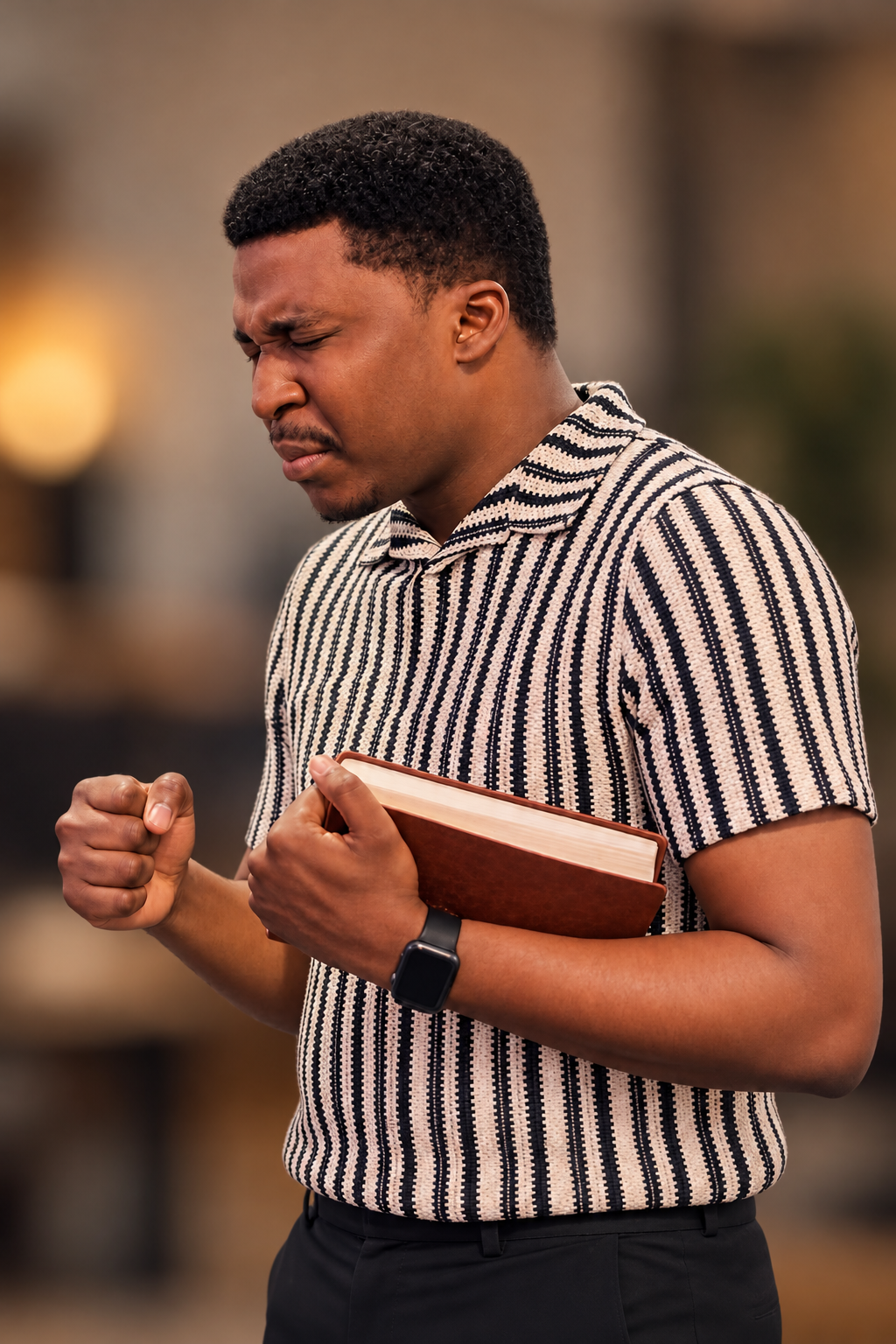 A man holds a leather-bound Bible to his chest with his eyes closed and his other hand raised in worship